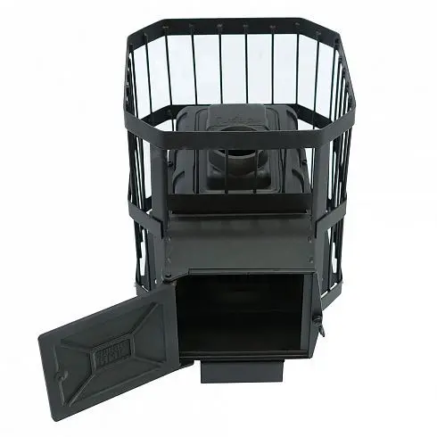 Фото Печь банная чугунная "Сибирь-15". Чугунная дверца с ВТК (Сетка) в магазине Woodson Фото Печь банная чугунная "Сибирь-15". Чугунная дверца с ВТК (Сетка) в магазине Woodson