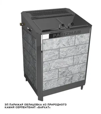 Фото Электропечь 10 кВт/380 ПАРиЖАР (с парогенератором) облицовка серпентенит "бархат" в магазине Woodson