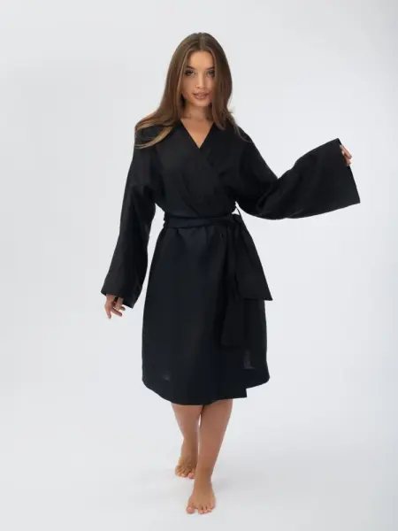 Халат кимоно женский Woodson, чёрный лён (40-52) Халат кимоно женский Woodson, чёрный лён (40-52)